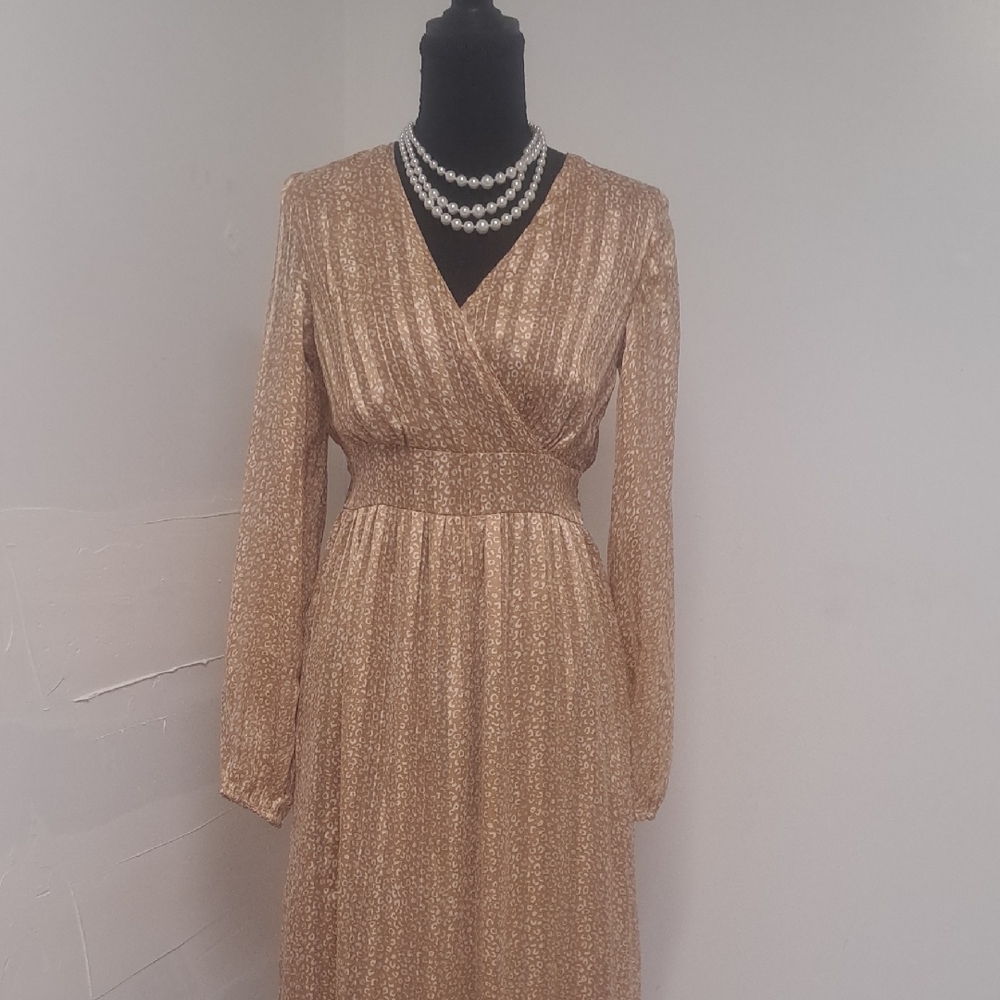 Gold Long Sleeve V-Neck Wrap Women’s Dress